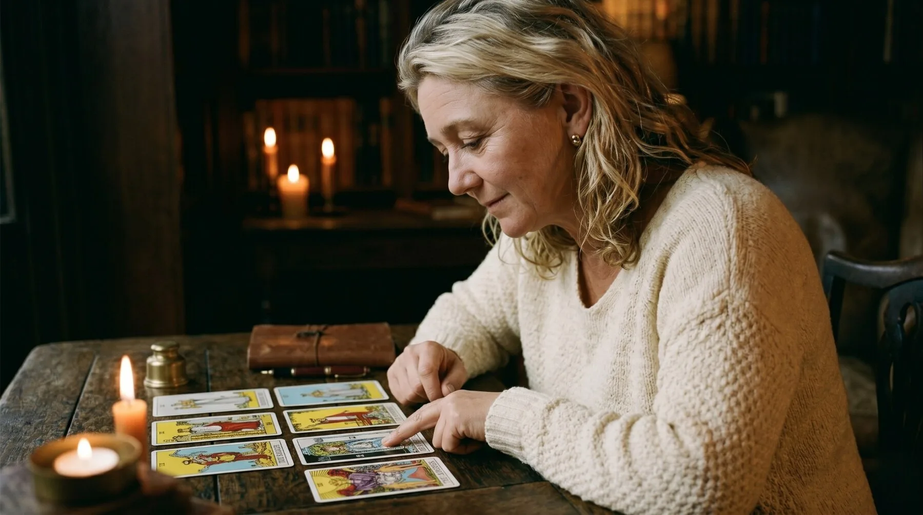 Vesper Cole, the Brooklyn tarot reader, pointing at a card in a six-card Rider-Waite tarot spread by candlelight — leather journal beside her in her oak-panelled reading room, bookshelves behind